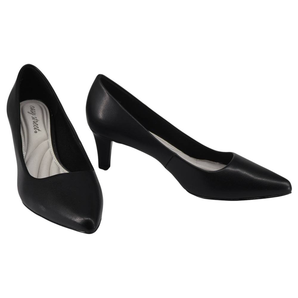Easy Street Pointe Black Faux Leather Pointed Toe Kitten Heel Pump Cushioned 7.5